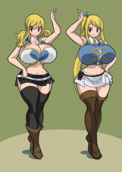 Rule 34 | 1girl, blonde hair, blush, breasts, brown eyes, fairy tail, female focus, hair ribbon, highres, huge breasts, long hair, looking at viewer, lucy heartfilia, navel, ribbon, shirt, solo, twintails, upper body