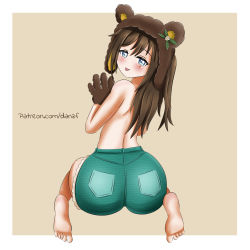 Rule 34 | 1girl, :p, absurdres, animal ears, animal hands, animal hood, aqua eyes, artist name, artist request, bare legs, bare shoulders, barefoot, bear ears, blue eyes, blush, breasts, brown background, brown hair, danzfloor, exciting animal (love live!), feet, female focus, from behind, full body, gloves, green pants, hair between eyes, half-closed eyes, highres, hood, long hair, looking at viewer, looking back, love live!, love live! nijigasaki high school idol club, love live! school idol festival, love live! school idol festival all stars, osaka shizuku, pants, parted lips, paw gloves, short pants, sitting, smile, solo, tongue, tongue out