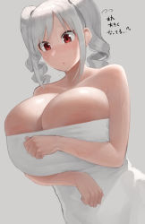 Rule 34 | 1girl, absurdres, alternate breast size, areola slip, bare shoulders, breasts, cleavage, collarbone, drill hair, flying sweatdrops, frown, grey background, highres, hug, huge breasts, idolmaster, idolmaster cinderella girls, kanzaki ranko, long hair, looking down, oruka (kamituki0827), parted lips, red eyes, silver hair, simple background, solo, sweat, towel, translation request, twin drills, veins, veiny breasts