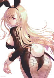 Rule 34 | 1girl, animal ears, ass, back-seamed legwear, blonde hair, breasts, closed mouth, coattails, ear piercing, fake animal ears, fake tail, fishnet pantyhose, fishnets, from behind, highres, kitagawa marin, large breasts, leaning forward, leotard, long hair, long sleeves, looking at viewer, looking back, pantyhose, piercing, pink eyes, playboy bunny, rabbit ears, rabbit tail, seamed legwear, sideboob, simple background, smile, solo, sono bisque doll wa koi wo suru, tail, very long hair, white background, wrist cuffs, yano takumi