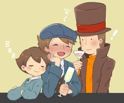 Rule 34 | 3boys, :d, ^ ^, black eyes, blue headwear, blue jacket, blue sweater, blush, brown hair, brown headwear, brown jacket, cabbie hat, closed eyes, closed mouth, collared shirt, commentary request, cup, drinking glass, drunk, future luke, hand on own chin, hand up, hat, hershel layton, high collar, highres, holding, holding clothes, holding hat, jacket, kiwami (kiwamimuneko), leaning on person, long sleeves, looking at another, luke triton, male focus, multiple boys, nose blush, open clothes, open jacket, open mouth, orange sweater, professor layton, professor layton and the unwound future, shirt, short hair, sleeping, smile, squeans, sweater, top hat, unworn headwear, upper body, white shirt, wine glass, yellow background