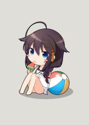 Rule 34 | 1girl, ahoge, ball, beachball, black hair, blue eyes, blue one-piece swimsuit, blush stickers, braid, chibi, eating, food, grey background, hair between eyes, hair flaps, hair over shoulder, jacket, kantai collection, name tag, one-piece swimsuit, open clothes, open jacket, open mouth, popsicle, school swimsuit, shigure (kancolle), shigure kai ni (kancolle), shirasawa kazane, simple background, single braid, sitting, solo, swimsuit, watermelon bar, white jacket