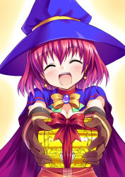 Rule 34 | 1girl, :d, ^ ^, alice wishheart, blush, bow, breasts, brown gloves, bucchake (asami), cape, choker, cleavage, closed eyes, earrings, closed eyes, gift, gloves, hat, head tilt, holding, holding gift, jewelry, magical halloween, medium breasts, open mouth, outstretched arms, red bow, red hair, red ribbon, ribbon, smile, solo, star (symbol), star earrings, treasure chest, upper body, witch, witch hat