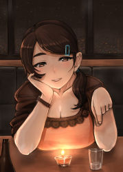 Rule 34 | 1girl, arm support, breasts, brown eyes, brown hair, candle, cleavage, cup, drinking glass, hair ornament, hairclip, hand on own cheek, hand on own face, head rest, highres, large breasts, long hair, looking at viewer, madarame, original, solo, table