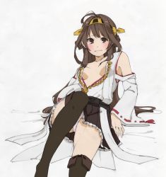 Rule 34 | 10s, 1girl, ahoge, bad id, bad pixiv id, blush, bow, breasts, brown eyes, brown hair, collarbone, detached sleeves, double bun, frilled skirt, frills, hair bun, hair ornament, hairband, headgear, highres, japanese clothes, kantai collection, kongou (kancolle), long hair, looking at viewer, nontraditional miko, open clothes, open robe, open shirt, panties, pantyshot, personification, renju, ribbon, robe, shirt, simple background, sitting, skirt, small breasts, solo, tearing up, tears, thighhighs, underwear, upskirt, wavy mouth, white background