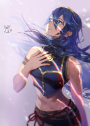 Rule 34 | 1girl, arm strap, blue eyes, blue hair, crop top, fire emblem, fire emblem awakening, floating hair, hairband, long hair, looking up, lucina (fire emblem), mayo (becky2006), midriff, navel, nintendo, open mouth, solo, standing, stomach, very long hair, yellow hairband