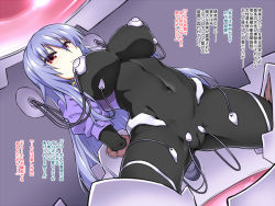 Rule 34 | 1girl, arm held back, blue hair, bodysuit, borrowed character, breasts, cable, cleft of venus, commentary, commentary request, covered navel, large breasts, long hair, original, puffy short sleeves, puffy sleeves, red eyes, restrained, sex machine, short sleeves, stationary restraints, tomoshibi hidekazu, translation request