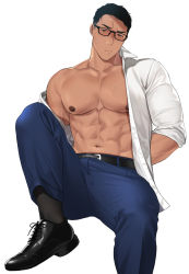 Rule 34 | 1boy, abs, arms behind back, bara, belt, black belt, black footwear, black hair, black socks, blue pants, blush, closed mouth, glasses, large pectorals, leather footwear, looking at viewer, male focus, mature male, muscular, muscular male, navel, nipples, open clothes, open shirt, original, otototo, pants, pectorals, shirt, shoes, short hair, socks, solo, sweat, sweatdrop, white shirt
