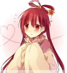Rule 34 | 1girl,  bosui , blush, closed mouth, female focus, hair ornament, hair rings, hair stick, heart, long hair, long sleeves, looking at viewer, lowres, magi the labyrinth of magic, red eyes, red hair, ren kougyoku, sleeves past wrists, solo, straight hair, twintails