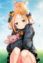 Rule 34 | 1girl, abigail williams (fate), abigail williams (traveling outfit) (fate), belt, black bow, black coat, blonde hair, blue eyes, blue sky, bow, closed mouth, cloud, coat, commentary request, day, fate/grand order, fate (series), hair bun, head tilt, heroic spirit traveling outfit, highres, long sleeves, looking at viewer, official alternate costume, orange bow, outdoors, parted bangs, polka dot, polka dot bow, sibyl, single hair bun, sitting, sky, sleeves past fingers, sleeves past wrists, solo, stuffed animal, stuffed toy, teddy bear