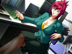 Rule 34 | 1girl, ballpoint pen, book, breasts, chair, cleavage, computer, female focus, formal, game cg, glasses, green eyes, laptop, lilith-soft, midou eriko, mole, pantyhose, red hair, solo, suit, tagme, wallpaper