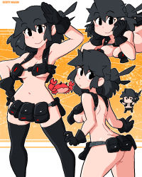 Rule 34 | 1girl, arm up, armpits, artist name, ass, back, bare shoulders, belt, black eyes, black gloves, black hair, black thighhighs, blush, breasts, chest harness, chibi, cleavage, closed mouth, collarbone, commentary, crab, english commentary, feet out of frame, furrowed brow, gloves, gluteal fold, hair between eyes, hair bun, halftone, halftone background, hand on own hip, hands on own face, hands up, harness, highres, light frown, long hair, looking at viewer, lucia (scott malin), lying, median furrow, medium breasts, multiple views, navel, no mouth, on stomach, orange background, original, outline, paint splatter, salute, scott malin, sideboob, sidelocks, simple background, smile, standing, thighhighs, tsurime, two-tone background, upper body, utility belt, white background, white outline