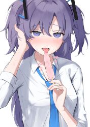 Rule 34 | 1girl, blue archive, blue eyes, blue hair, blue necktie, blush, breasts, collared shirt, commentary request, dopushan, food, tucking hair, hand up, highres, holding, holding food, holding popsicle, large breasts, licking, long hair, long sleeves, looking at viewer, necktie, popsicle, shirt, simple background, solo, sweat, tongue, tongue out, two side up, upper body, white background, white shirt, yuuka (blue archive)