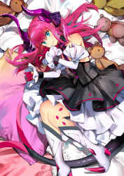 Rule 34 | 10s, 1girl, asymmetrical horns, bare shoulders, blue eyes, corset, curled horns, detached sleeves, dragon girl, dragon horns, dragon tail, dress, elizabeth bathory (fate), elizabeth bathory (fate/extra ccc), elizabeth bathory (first ascension) (fate), fate/extra, fate/extra ccc, fate (series), flat chest, horns, ice (ice aptx), idol, layered dress, long hair, lying, nail polish, on side, pink hair, pink nails, pointy ears, sleeveless, sleeveless dress, solo, stuffed animal, stuffed toy, tail, teddy bear, two side up, uneven horns