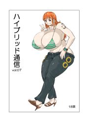 Rule 34 | 1girl, bikini, breasts, cleavage, earrings, gigantic breasts, high heels, highres, jewelry, long hair, muronaga chaashuu, nami (one piece), one piece, orange hair, plump, sabaody archipelago, shoes, simple background, smile, solo, swimsuit, tattoo, thick thighs, thighs