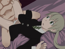 Rule 34 | 00s, 1boy, 1girl, bed, blonde hair, bow, bow panties, censored, green eyes, ice place, jacket, long hair, looking at another, maka albarn, mosaic censoring, necktie, panties, penis, school uniform, sex, soul eater, surprised, sweat, thigh sex, twintails, underwear, white panties