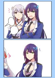 Rule 34 | 2girls, 2koma, puff of air, arm at side, arms under breasts, assault lily, bare shoulders, black gloves, black necktie, blank speech bubble, blue border, blue jacket, border, braid, butterfly hair ornament, closed mouth, collared shirt, comic, commentary, criss-cross halter, crossed arms, detached sleeves, epaulettes, flower, funada kiito, funada ui, gloves, green eyes, grey hair, hair flower, hair ornament, hair ribbon, halterneck, jacket, japanese clothes, kimono, long hair, long sleeves, looking at viewer, looking away, mole, mole under eye, mole under mouth, motion lines, multicolored eyes, multiple girls, necktie, nigari (ngari 0115), notice lines, open mouth, purple eyes, purple hair, red ribbon, ribbon, shirt, siblings, side-by-side, side braid, simple background, single braid, sisters, speech bubble, upper body, v-shaped eyebrows, white background, white flower, white kimono, white ribbon, white shirt, yellow eyes