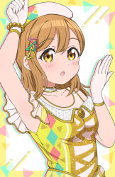 Rule 34 | 1girl, armpits, birthday, breasts, brown hair, collarbone, commentary, gloves, hair ornament, hat, highres, jenny (je2live), kunikida hanamaru, long hair, looking at viewer, love live!, love live! sunshine!!, medium breasts, sidelocks, solo, upper body, white gloves, yellow bracelet, yellow eyes