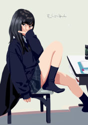 Rule 34 | 1girl, black eyes, black hair, blue socks, blue sweater, chair, covering own mouth, desk, from side, grey skirt, hand over own mouth, highres, kneehighs, long hair, long sleeves, looking at viewer, miniskirt, monster energy, on chair, original, sitting, skirt, sleeves past wrists, socks, solo, sweater, yukiyoshi mamizu