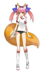 Rule 34 | 10s, 1girl, animal ear fluff, animal ears, fate/extra, fate (series), fox ears, fox tail, full body, gym uniform, hair between eyes, hair ribbon, kneehighs, legs, official alternate costume, official art, pink hair, ribbon, shoes, socks, solo, standing, tail, tamamo (fate), tamamo no mae (fate/extra), transparent background, twintails, wada arco, yellow eyes
