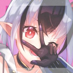 Rule 34 | 1girl, black hair, close-up, crossette (xenoblade), gloves, highres, kyosuke1413koba, multicolored hair, open mouth, pointy ears, red eyes, solo, teeth, v, white hair, xenoblade chronicles (series), xenoblade chronicles 2