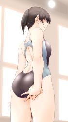 Rule 34 | 1girl, amagami, black eyes, black hair, black one-piece swimsuit, breasts, commentary request, competition swimsuit, cowboy shot, from below, highres, medium breasts, one-piece swimsuit, ponytail, sasaki akira (ugc), short hair, solo, standing, swimsuit, tsukahara hibiki