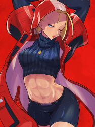 Rule 34 | 1girl, abs, arms up, blonde hair, blue eyes, cammy white, crop top, highres, hood, hooded jacket, jacket, navel, official alternate costume, one eye closed, open clothes, open jacket, parted lips, red background, red jacket, scar, scar on face, short hair, short shorts, shorts, solo, stomach, street fighter, street fighter 6, turtleneck, yuenibushi