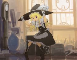 Rule 34 | 1girl, apron, blonde hair, boots, braid, clock, curiosities of lotus asia, dress, female focus, grandfather clock, hair ribbon, hands on headwear, hat, highres, kirisame marisa, long hair, open mouth, pinzu, purple eyes, ribbon, sitting, smile, solo, touhou, window, witch, witch hat