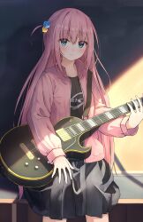 Rule 34 | 1girl, black shirt, black skirt, blue eyes, blush, bocchi the rock!, closed mouth, commentary request, cube hair ornament, electric guitar, enuni, gotoh hitori, guitar, hair between eyes, hair ornament, highres, holding, holding instrument, instrument, jacket, long hair, long sleeves, one side up, open clothes, open jacket, pink hair, pink jacket, pleated skirt, puffy long sleeves, puffy sleeves, shirt, skirt, sleeves past wrists, solo, track jacket, very long hair