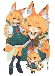 Rule 34 | 1girl, :3, :d, ^ ^, animal ear fluff, animal ears, animal nose, black footwear, black socks, blush stickers, body fur, bow, bright pupils, chibi, chibi inset, closed eyes, collar, color guide, commission, dress, facing viewer, fang, footwear bow, fox ears, fox girl, fox tail, full body, furry, furry female, green collar, green dress, grey background, hair bow, hair ornament, heart, kasa (hitori sanka), kneehighs, long hair, looking at viewer, low twintails, multiple views, necktie, open mouth, orange fur, orange hair, original, plaid, plaid dress, red eyes, red necktie, sailor collar, simple background, skeb commission, skirt hold, smile, socks, standing, star (symbol), star hair ornament, tail, twintails, two-tone background, v, white background, white pupils