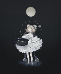 Rule 34 | 1girl, absurdres, blue ribbon, bowl, brown hair, closed mouth, cup, dress, frilled dress, frills, full body, gloves, glowing, gradient background, grey background, hair ornament, highres, holding, holding bowl, hoshi rousoku, long sleeves, looking away, looking up, moon, original, ribbon, sakazuki, short hair, solo, standing, thighhighs, water, white dress, white gloves, white thighhighs, yellow eyes
