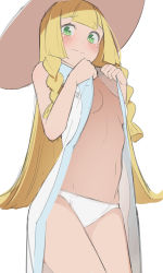 Rule 34 | 1girl, adapted costume, blonde hair, blunt bangs, blush, braid, breasts, closed mouth, coat, cowboy shot, creatures (company), eyelashes, game freak, green eyes, hat, lillie (pokemon), long hair, looking at viewer, looking down, nintendo, no bra, open clothes, open coat, panties, pokemon, pokemon sm, simple background, sleeveless, sleeveless coat, solo, sun hat, tostos, twin braids, underwear, white background, white coat, white panties