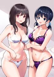 Rule 34 | 2girls, :d, bed, black hair, blue eyes, blush, bow, bow bra, bow panties, bra, breasts, brown hair, clenched hand, collarbone, commentary request, cowboy shot, groin, hand on own arm, highres, indoors, lace, lace-trimmed bra, lace trim, lips, long hair, looking at viewer, medium breasts, multiple girls, navel, nobita (nbnobita), open mouth, original, panties, purple bra, purple eyes, purple panties, shiny skin, side-by-side, smile, standing, twintails, underwear, underwear only, white bra, white panties, wide hips, wooden floor