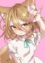 Rule 34 | 1girl, :q, absurdres, animal ear fluff, animal ears, blonde hair, blush, breasts, commentary request, e sdss, fingernails, fox ears, fox shadow puppet, from above, half-closed eyes, hand up, highres, kudamaki tsukasa, looking at viewer, medium hair, pink background, small breasts, solo, tongue, tongue out, touhou, white romper, yellow eyes