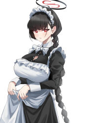 Rule 34 | 1girl, absurdres, alternate costume, alternate hairstyle, apron, apron hold, badge, black dress, black hair, blue archive, blush, braid, braided ponytail, breasts, button badge, cleavage, dress, emil (386), enmaided, halo, highres, large breasts, long hair, looking at viewer, maid, maid apron, red eyes, rio (blue archive), simple background, solo, very long hair, white apron, white background