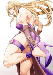 Rule 34 | 1girl, ass, bangle, bare shoulders, belt, blonde hair, blue eyes, bracelet, breasts, choker, cleavage, daikokuya yenjaku, dress, fatal fury, feet, fingerless gloves, foot out of frame, garou: mark of the wolves, gloves, high heels, jenet behrn, jewelry, large breasts, legs, long hair, looking at viewer, loose belt, panties, purple choker, purple dress, smile, snk, solo, thigh strap, toes, tongue, tongue out, underwear