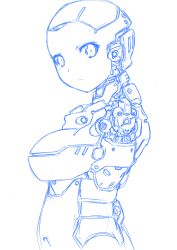 Rule 34 | 1girl, absurdres, android, bald, breasts, head tilt, highres, looking at viewer, machinery, mecha, medium breasts, missing limb, monochrome, navel, no arms, no humans, oekaki, original, robot, science fiction, sketch, solo, white background, yama (yamasaaru)