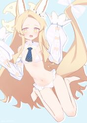 Rule 34 | 1girl, adapted costume, aji aji nori, animal ear fluff, animal ears, barefoot, blonde hair, blue archive, blue background, blush, breasts, detached sleeves, fox ears, fox tail, halo, highres, long hair, navel, open mouth, seia (blue archive), simple background, small breasts, solo, tail, white sleeves, wide sleeves, yellow eyes, yellow halo