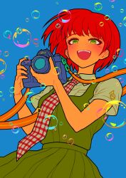 Rule 34 | 1girl, :d, absurdres, alternate color, bare arms, blue background, blunt bangs, blush, bob cut, bubble, camera, checkered necktie, collared shirt, danganronpa (series), danganronpa 2: goodbye despair, dress, dress shirt, freckles, green dress, green eyes, hands up, highres, holding, holding camera, koizumi mahiru, looking at viewer, looking down, necktie, open mouth, pinafore dress, plaid necktie, pleated dress, pleated skirt, red hair, red necktie, shirt, short hair, short sleeves, shoulder strap, simple background, skirt, sleeveless dress, smile, solo, strap, teeth, upper teeth only, white shirt, wing collar, youko-shima