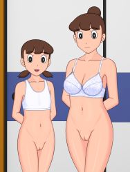 Rule 34 | 2girls, arms behind back, artist request, black eyes, bottomless, bra, breasts, brown hair, cleavage, cleft of venus, collarbone, doraemon, flat chest, hair bun, looking at viewer, low twintails, mature female, medium breasts, minamoto michiko, minamoto shizuka, mother and daughter, multiple girls, open mouth, pantyhose, pussy, single hair bun, smile, twintails, underwear, white bra