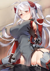 Rule 34 | 1boy, 1girl, antenna hair, azur lane, black gloves, black panties, blush, breasts, brown eyes, censored, closed mouth, clothing aside, commission, cross, cum, cum in pussy, dress, eyes visible through hair, from below, garter straps, girl on top, gloves, grabbing, grabbing another&#039;s breast, grabbing own breast, grey dress, grey thighhighs, hair between eyes, headgear, hetero, highres, iron cross, large breasts, long hair, long sleeves, looking down, mosaic censoring, multicolored hair, panties, panties aside, penis, prinz eugen (azur lane), pussy, red hair, sex, sideboob, skeb commission, smile, solo focus, spread legs, straddling, streaked hair, sweat, swept bangs, thighhighs, tsuki tokage, two side up, underwear, vaginal, very long hair, white hair
