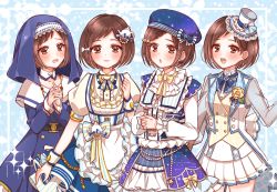 Rule 34 | 4girls, :3, :o, apron, bang dream!, beret, blue background, blue skirt, blush, bow, bowtie, braid, brown eyes, brown hair, buttons, commentary request, cup, double-breasted, dress, frilled apron, frilled hat, frilled shirt collar, frilled skirt, frills, hair ornament, hat, hazawa tsugumi, jacket, lace, long sleeves, mamaloni, multiple girls, multiple persona, nun, own hands clasped, own hands together, puffy short sleeves, puffy sleeves, see-through, see-through sleeves, short sleeves, skirt, sparkle, starry sky print, teacup, teapot, top hat, vest, wrist cuffs