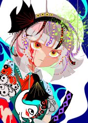 Rule 34 | 1girl, :|, abstract, ascot, black ascot, black hairband, blood, bloody tears, blunt bangs, closed mouth, collared shirt, comkdom, commentary, ghost, green vest, grey hair, hair ribbon, hairband, highres, konpaku youmu, lips, looking afar, multicolored eyes, one-eyed, red eyes, ribbon, shirt, short hair, solo, touhou, upper body, vest, white shirt, yellow eyes