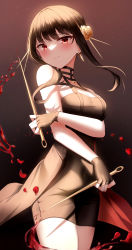 Rule 34 | 1girl, absurdres, bare shoulders, black dress, black hair, blood, bloody weapon, blush, breasts, cleavage, closed mouth, covered navel, cowboy shot, dagger, dress, earrings, from below, gold earrings, gold hairband, gradient background, hairband, highres, holding, holding dagger, holding knife, holding weapon, jewelry, knife, large breasts, li se, looking at viewer, pencil dress, red eyes, reverse grip, short hair with long locks, sidelocks, solo, spy x family, stiletto (weapon), taut clothes, taut dress, tsurime, two-sided dress, two-sided fabric, weapon, yor briar