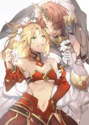 Rule 34 | 2girls, bare shoulders, blonde hair, breasts, brown hair, cleavage, detached collar, detached sleeves, fate/apocrypha, fate/grand order, fate (series), flower, frankenstein&#039;s monster (fate), green eyes, hair flower, hair ornament, hair over one eye, hand on own hip, highres, horns, medium hair, mordred (fate), mordred (fate/apocrypha), multiple girls, navel, no-kan, revealing clothes, short hair, single horn, small breasts, strapless, sweat, tube top, underboob, veil, yellow eyes