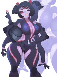 1girl bodysuit breasts cleavage colored_skin extra_arms extra_eyes helmet monster_girl motorcycle_helmet motorcycle_suit muffet purple_skin thick_thighs thighs undertale