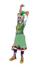 Rule 34 | 1girl, absurdres, arms up, asatsuki (cookie), black eyes, bob cut, closed mouth, collared shirt, commentary request, cookie (touhou), dark-skinned female, dark skin, expressionless, feather hair ornament, feathers, full body, gold hairband, green skirt, green vest, grey hair, hair ornament, hairband, highres, hold hairband, jewelry, konpaku youmu, leftame, looking afar, necklace, sandals, shirt, short hair, simple background, skirt, skirt set, solo, standing, tan, touhou, transparent background, vest, white shirt