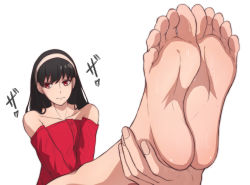 Rule 34 | 1girl, absurdres, bare shoulders, barefoot, black hair, closed mouth, feet, foot focus, hairband, highres, light blush, long hair, looking away, red eyes, simple background, soles, spy x family, sweat, toes, white background, yor briar