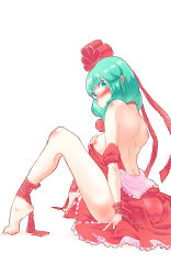 Rule 34 | 1girl, ankle ribbon, ass, bad id, bad pixiv id, bare back, bare shoulders, barefoot, blush, breast suppress, breasts, clothes down, covered erect nipples, frills, green eyes, green hair, hair ribbon, highres, kagiyama hina, large breasts, leg ribbon, looking at viewer, neck ribbon, non (z-art), off shoulder, ribbon, simple background, solo, touhou, undressing, white background