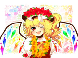 Rule 34 | 1girl, ascot, azu (kirara310), bad id, bad pixiv id, blonde hair, blush, fang, female focus, flandre scarlet, floral background, flower, flower necklace, hat, hat flower, head wreath, jewelry, necklace, one eye closed, open mouth, red eyes, short hair, side ponytail, smile, solo, touhou, wings, wink, wreath